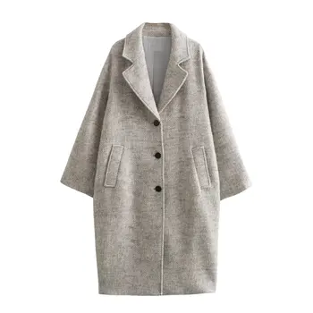 Kadınlar Yeni Moda Gevşek Uzun tarzı Balıksırtı dimi Yün Ceket Vintage Uzun Kollu Düğmeli Kadın Giyim Şık Palto