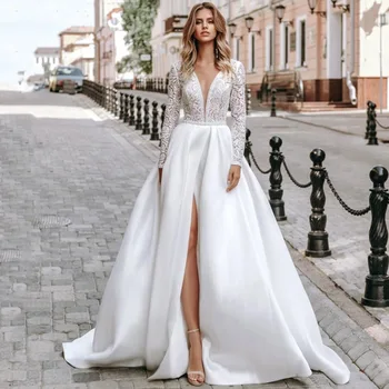 Klasik V Yaka Uzun Kollu Çiçek Baskı Cut-Out A-Line düğün elbisesi Yüksek Yarık Balo Saten Vestido De Novia