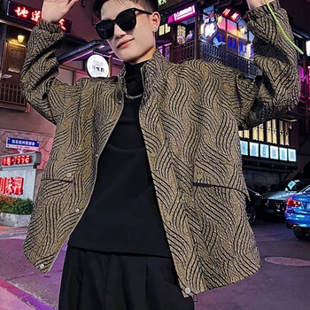 Kore Sonbahar Pilili Desen Ceket Erkekler için Gevşek Rahat Bombacı Ceket Erkekler Yaka Sosyal Streetwear Dış Giyim Palto Erkek Giyim