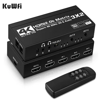 KuWFi 4K / 60Hz HDMI anahtarı Uzaktan 3x2 Switcher Çift Ses Çıkarıcı 2.0 b Matrix Splitter PS4 / 5 Xbox TV DVD HD oynatıcı