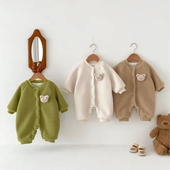 Kış Bebek Peluş Giysileri oyuncak ayı Romper Bebek Erkek ve Kız Sıcak Yenidoğan Sıcak Kalınlaşmış Tulum Katı Kuzu Dış Giyim