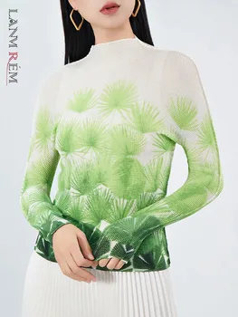 LANMREM Yeşil Baskı T-shirt Kadın Moda Pilili Gömlek Balıkçı Yaka Uzun Kollu Şık Üst Kadın 2024 İlkbahar Yaz Yeni 2DA3109