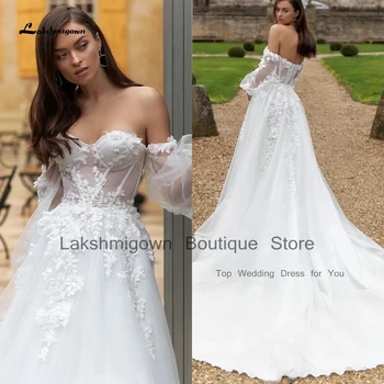 Lakshmigown Çiçek Dantel Korse Boho düğün elbisesi Kabarık Uzun Kollu Klasik Gelin Bir Çizgi Gelinlikler 2023 Robe de Mariee