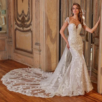 Lüks Dantel Mermaid düğün elbisesi 2023 Ayrılabilir Tren İle Vestido De Noiva Sereia Seksi Backless Aplikler Boncuklu gelinlikler