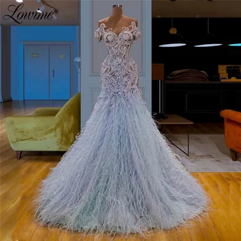 Lüks Tüy Mavi Dantel Boncuklu Abiye Dubai Arapça Kaftan Couture 2020 balo kıyafetleri Illusion Türk Düğün Parti Elbise