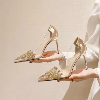 Maogu Moda Lüks kadın ayakkabısı Moda Kadın düğün ayakkabısı Yüksek Topuk 8cm Şeffaf Yay 2023 Sivri Burun Stiletto Yüksek Topuklu
