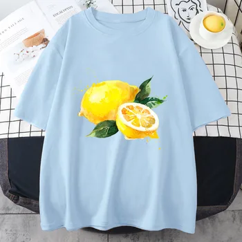 Meyve Nar Kadın Giyim Harajuku Karikatür Limon Baskı beyaz tişört Trend O-Boyun Bayanlar Rahat Rahat Artı Boyutu Üst