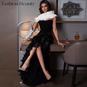 Moda Güzellik Siyah Abiye Straplez Yüksek Yarık Katmanlı Dantelli Ruffles Yeni Parti Kıyafeti Kadınlar İçin 2024 vestidos de noche