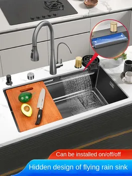 Mutfak 304 paslanmaz çelik yağmur suyu şelale lavabo yükseltme ev lavabo siyah lavabo tek yuvalı tezgah altı lavabo