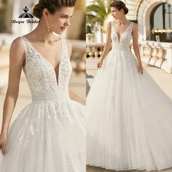 Prenses Boho düğün elbisesi 2022 V Yaka Aç Geri Yaz Plaj Dantel Gelin Elbise Mahkemesi Tren Custom Made vestidos de novia