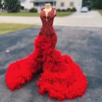 Pullu Kırmızı balo kıyafetleri Lüks O-boyun Mermaid Abiye giyim Uzun Boncuk Vestidos De Gala 2023 Afrika Kadın Parti Elbise