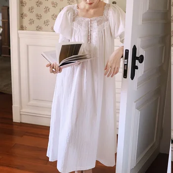 Romantik Saf Pamuk Gecelik Prenses Bahar Yaz Sevimli Beyaz Mavi Pijama Vintage Kadınlar Dantel Kare Yaka Uzun Gecelik