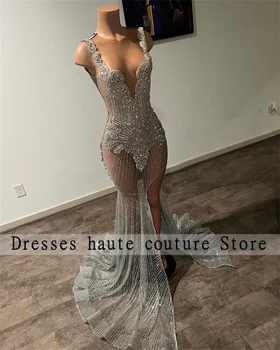 Seksi Gümüş Boncuklu Balo Elbise 2023 Siyah Kızlar İçin Sparkle Mermaid Kristal Gece Elbisesi Lüks Resmi Dans Elbisesi