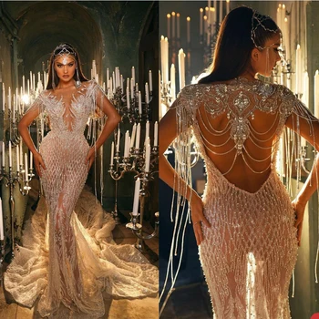 Seksi Mermaid Kadınlar Abiye O-Boyun Aplikler İnciler Kristal Abiye Slim Fit Backless Kolsuz Elbise Parti Custom Made