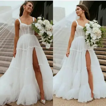 Seksi Plaj Bohemian düğün elbisesi Illusion Yüksek Bölünmüş Katmanlı Gelin Elbiseler Backless Sweep Tren gelinlikler elbiseler de mariée
