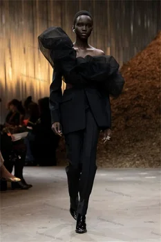 Siyah Kadın Takım Elbise Seti 2 Parça Set Blazer+Pantolon Resmi Ofis kadın ceketi Ceket Tül Konuk Düğün Smokin Özel Yapılmış