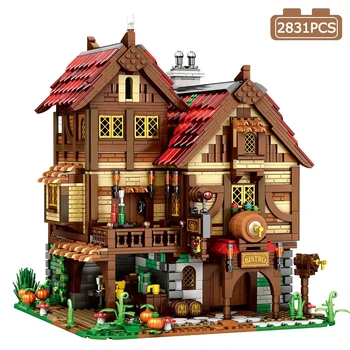 Sokak Görünümü Avrupa Yüzyıl Ortaçağ Tavern Yapı Taşları Şehir Köy Kale Modeli Tuğla çocuk için oyuncak doğum günü hediyesi MOC