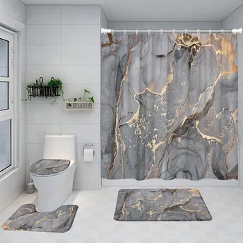 Soyut Mermer Duş perde seti Altın Doku Gri Desen Modern Lüks Banyo Dekor Kaymaz Halı Banyo Paspas Tuvalet kapak