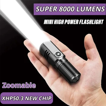 Süper Parlak EDC XHP50. 3 LED el feneri USB Torch Tip-c Şarj Edilebilir Yakınlaştırma Balıkçılık Fener Güçlü 3 Aydınlatma Modu Kamp Lambası