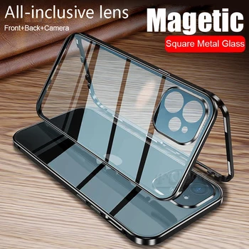 Tam Koruma Metal Manyetik Çift Taraflı Cam iPhone için kılıf 11 12 13 14 Pro Max 12 13 Mini 14 Artı Lens Koruma Kapağı
