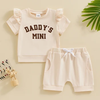 Toddler Kız Giydirin Yaz Yuvarlak Boyun Kısa Kollu Mektup Baskı Üstleri + şort takımı Bebek Bebek Giyim 2 Parça Kıyafetler
