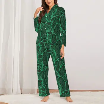 Tropikal Baskı Pijama Takımı Yeşil Yapraklar Moda Pijama Bayan Uzun Kollu Vintage Eğlence 2 Parça Kıyafeti Büyük Boy 2XL