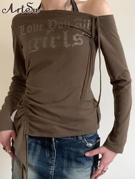 Uzun Kollu Mektup Baskılı T Shirt Kadın Eğik Yaka İnce Vintage Üstleri Kapalı Omuz Büzgü Dantel-Up Streç Moda Streetwear