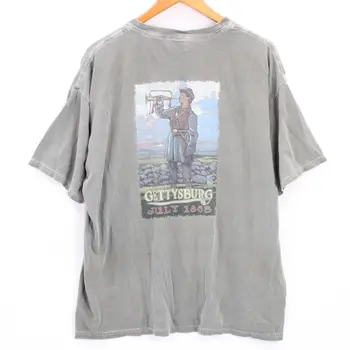 Vintage Gettysburg Gömlek Erkek Gri Kısa Kollu Soluk Asker Grafik Logo XL uzun kollu