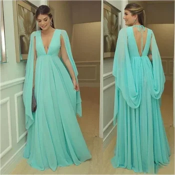 Vintage Mavi Akşam Pageant Elbise 2024 V Yaka Backless Cap Kollu Şifon Dubai Arapça Kadınlar Balo Örgün Törenlerinde Robe De Soiree