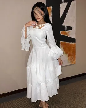 Vintage Uzun Kollu Kare Boyun balo kıyafetleri Ayak Bileği Uzunluğu Asimetrik Tren vestidos de novia Parti Elbiseler
