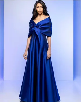 Vintage Uzun Mavi Kapalı Omuz Saten Abiye Cepler İle A-Line Kat Uzunluk فساتين السهرة Balo Abiye kadınlar için