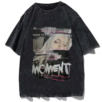 Y2k Streetwear Hip Hop T-shirt Estetik Giyim T Shirt Kısa Kollu Erkekler için Yıkanmış Siyah T Shirt Erkek Harajuku Grafik T Shirt