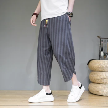 Yaz Sinicism erkek Çizgili Rahat kapri pantolonlar 2023 erkek Retro Hanfu Geniş Bacak pantolon harem pantolon Erkekler için Moda plaj pantolonları