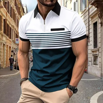 Yaz erkek kontrast çizgili kısa kollu üst T-shirt yüksek kaliteli rahat günlük cep POLO GÖMLEK üst erkek spor shi
