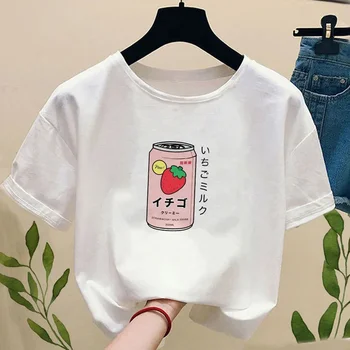 Yaz kadın T-shirt Japon çilekli sütlü içecek kısa kollu Harajuku Kawaii grafikli tişört Camisetas Mujer üst Kadın