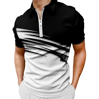 Yaz Şerit Rahat Erkek Kısa Kollu polo gömlekler Patchwork Turn-Aşağı Yaka Fermuar Tasarım Erkekler Streetwear Giyim