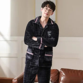 Yeni Sıcak Pijama Uzun Kış Kalınlaşmak Fanila Yumuşak Erkek Sonbahar Pijama Kollu Setleri Üst Pijama erkek + pantolon