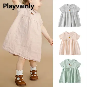 Yeni Yaz Bebek Kız Elbise Düz Renk Pamuk ve Keten Nakış Peter Pan Yaka Kısa Kollu Elbiseler Çocuk Giysileri E3255