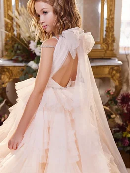 Zarif Kolsuz Gevşek Tül Katmanlı Çiçek Kız Elbise Prenses Balo İlk Communion Elbise Çocuklar Sürpriz doğum günü hediyesi