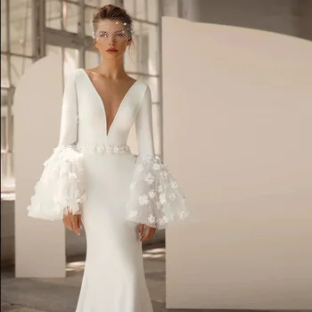 Zarif Mermaid Gelinlik 2024 V Boyun Parlama Kollu Saten gelin kıyafeti 3D Çiçek Kemer Sweep Tren Vestido Novia