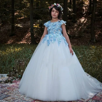 Zarif Çiçek Kız Elbise Düğün İçin Kabarık Mavi Aplike V-Geri Tül Kat Uzunluk Prenses Çocuk Communion Vaftiz Parti Elbise