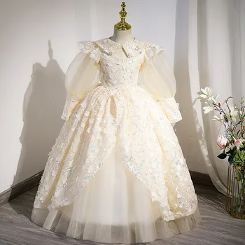 Zarif Çocuklar Pullu tül elbise Açık Sarı Kat Uzunlukta Fener Kollu Vestidos Düğün Parti Çiçek Kız Elbise 4-12Y