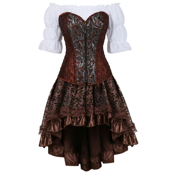 steampunk deri büstiyer korse elbise burlesque korse etek 3 parça set korsan ıç çamaşırı artı boyutu cosplay masquerade kahverengi