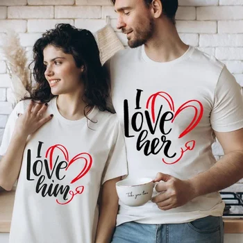 Çift Tee Gömlek Onu Seviyorum Onun baskı t-shirt Severler Kalp Grafik T Shirt Unisex Yaz kısa kollu tişört Harajuku Eşleşen