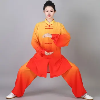 Çin Geleneksel Tai Chi Takım Elbise Uzun Yeşil Degrade Dövüş sanatları Sabah Eğitim Grubu Performans Kostümleri Erkekler Ve Kadınlar İçin