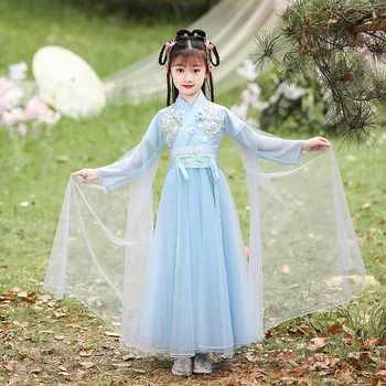 Çin Tarzı Geleneksel Kız Cosplay Kostümleri Peri Mavi Nakış Aplike Boncuk Elbise Prenses Tang Takım Elbise Çocuklar Hanfu