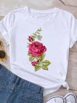 Çiçek Güzel Tatlı Trend Sevimli Grafik T Shirt Baskı tişört üst Kadın moda rahat giyim Kadın Kısa Kollu Tee