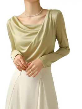 İlkbahar Yaz Bayan Uzun Kollu Saten Gömlek Zarif Lüks kadın Bluz Katı Tees Casual Sallanan Boyun T-shirt 5XL 6XL