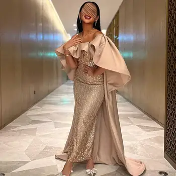 Şampanya Saten Pullu Kılıf Parti Kıyafeti Kapalı Omuz Draped Akşam Elbise Ruffled Moda Şal Elbiseler De Soirée Dubaï